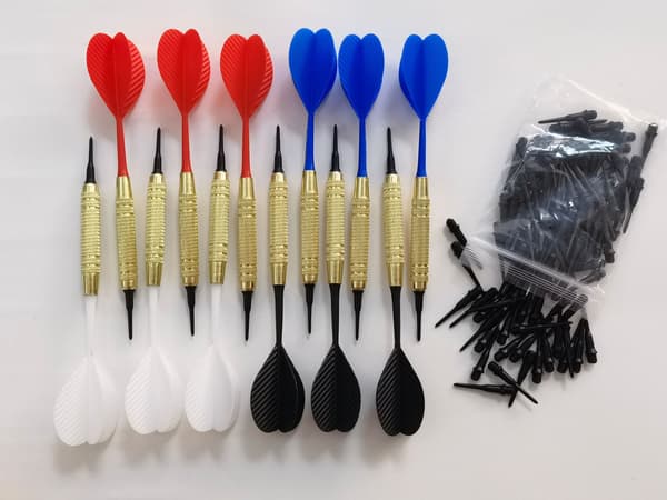 Plastik dartpile, 3 sorte, hvide, røde og blå til elektroniske dartpile + 100 hoveder, elektroniske target dartpile