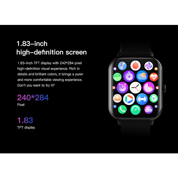 Smartwatch sort, 1,83-tommers berøringsskærm fitnessur, med pulsmåler og søvnmonitor, fitness tracker skridttæller træningstilstand, skridttæller aktivitet