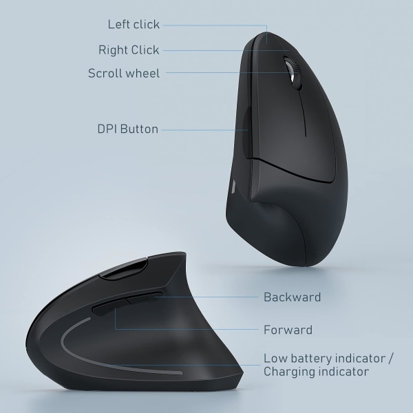 Trådløs mus, genopladelig, lydløs, ergonomisk med 6 knapper, 2,4 GHz USB, 3 justerbare DPI, til bærbar/PC/tablet/Ipad/Mac, sort