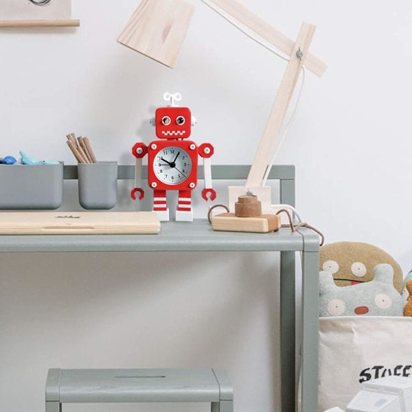 Röd Vit Robot Väckarklocka, Tyst Väckarklocka i Rostfritt Stål med Blinkande Ögon och Roterande Arm, Present till Barn