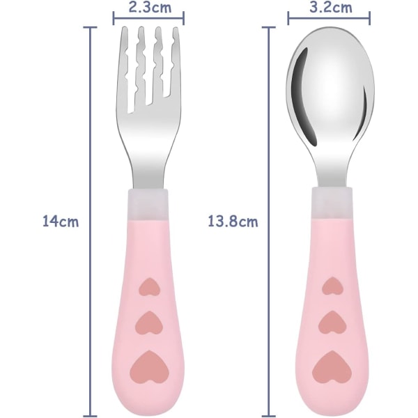 Barnbestick, set med 2 rosa rostfria skedar och gafflar för barn 304 rostfritt stål + PP