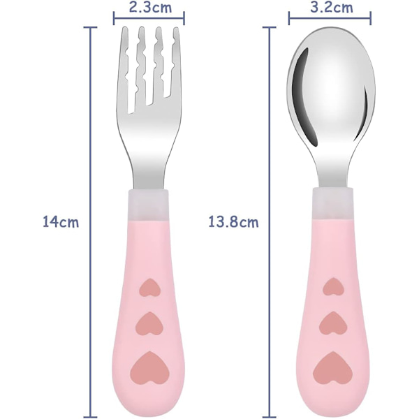 Barneservise, sett med 2 rosa rustfrie stålskjeer og gafler for barn, 304 rustfritt stål + PP