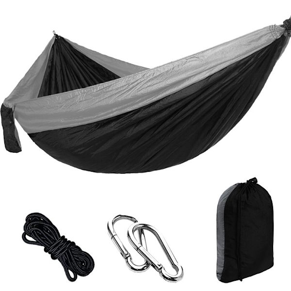 Svart ultralätt resehängmatta för camping | 300 kg belastningskapacitet, snabbtorkande fallskärmsnylon | 2 kvalitetskarbinhakar, ett rep