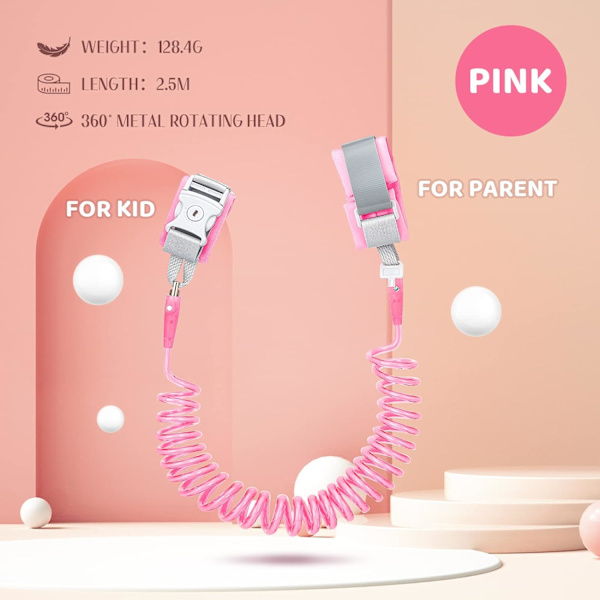 2,5 m anti-vandrings armbånd 360 graders roterende børnesikkerhedsarmbånd Rejse supermarked udforskningshjælper Pink