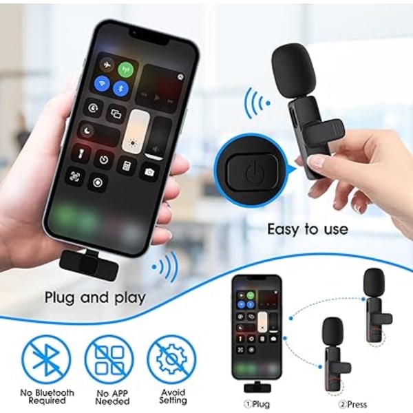 2 kpl langattomia Lavalier-mikrofoneja iPhone iPadille, nappimikrofonit Plug-Play 2.4G Erittäin alhainen viive Sisäänrakennettu kohinanvaimennussiru 8H Käyttöaika videolle