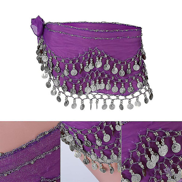 Höftscarf för magdans, dam magdans scarf med mynt kjolar för magdans, Zumba eller yogaklass Purple