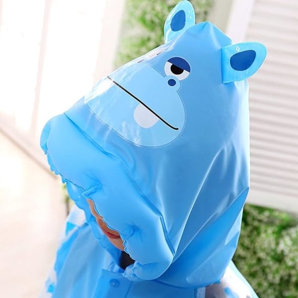 Unisex søt blå flodhest regnfrakk for barn (passer for høyde 120-130cm), 3D kreativ hetteponcho for gutter og jenter vanntett svøpesett PVC