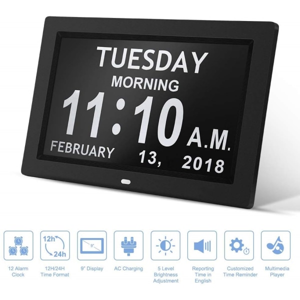 Digital Kalender Dag Klokke Fotoramme (9-tommers svart) - Automatisk Dimming Display, Stor Synshemmet Digital Klokke, med Ikke-Forkortet Dag og M