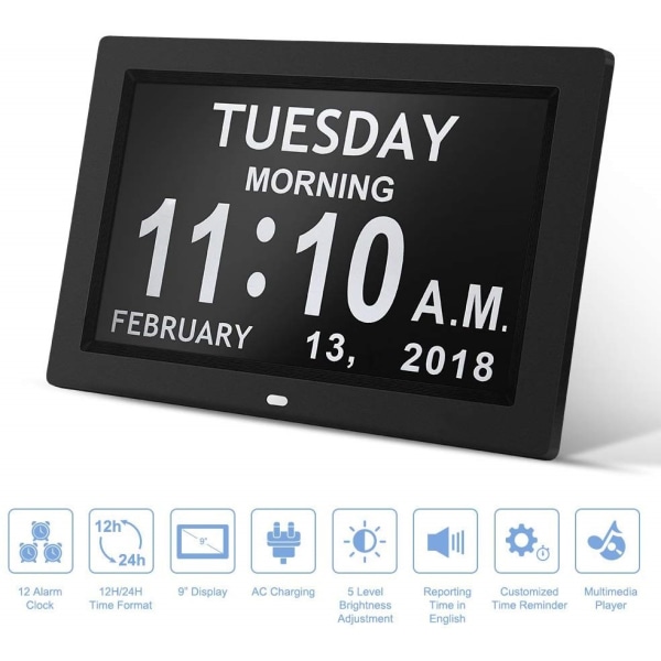 Digital kalenderdagsklockor (9 tum vit) - automatisk avbländande display, stor synskadad digital klocka, med icke förkortad dag och månad