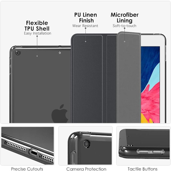 Avaruusharmaa suojakotelo, yhteensopiva iPad 9. sukupolven 2021 / iPad 8. sukupolven 2020 / iPad 7. sukupolven 2019 kanssa, TPU-läppäkotelo erittäin ohuella jalustalla ja S