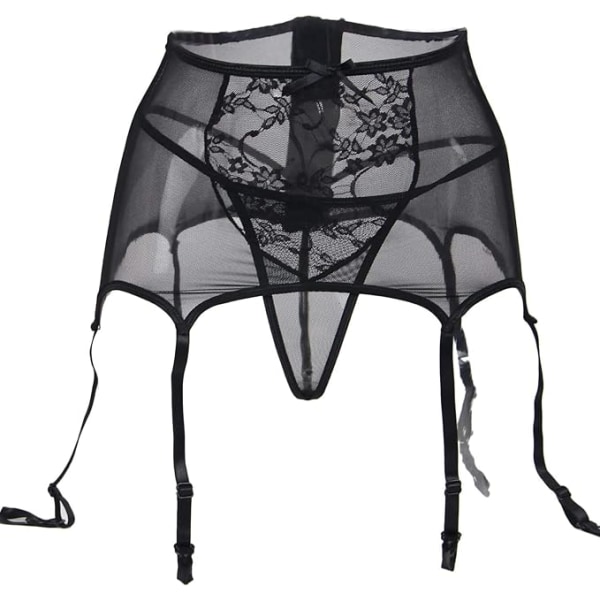 Hög midja spetsbälte för kvinnor (svart, midjeomkrets 56-86), hängslen i mesh med stringtrosor sexiga underkläder