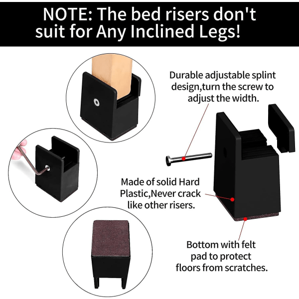 4 st Bed Riser 2 tums justerbar skruvklämma, möbelhöjare 5 cm för sängfots tjocklek från 0 till 1,5 tum Black