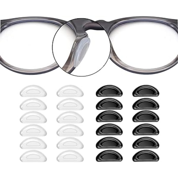 (6-svart & 6-klar) Självhäftande näsdyna, 12 par näskuddar för glasögon Stick On Silikon Anti-Slip för glasögon Solglasögon Tunna näskuddar Glasögon