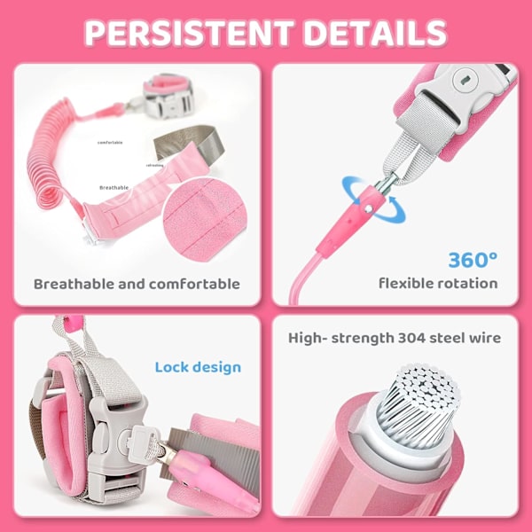2,5 m anti-vandrings armbånd 360 graders roterende børnesikkerhedsarmbånd Rejse supermarked udforskningshjælper Pink