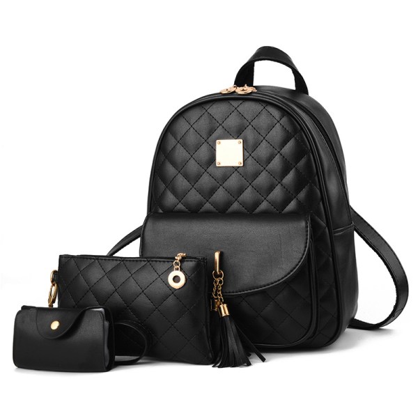3-delad ryggsäck för flickor (svart), söt miniryggsäck, ryggsäck i PU-läder, damväska