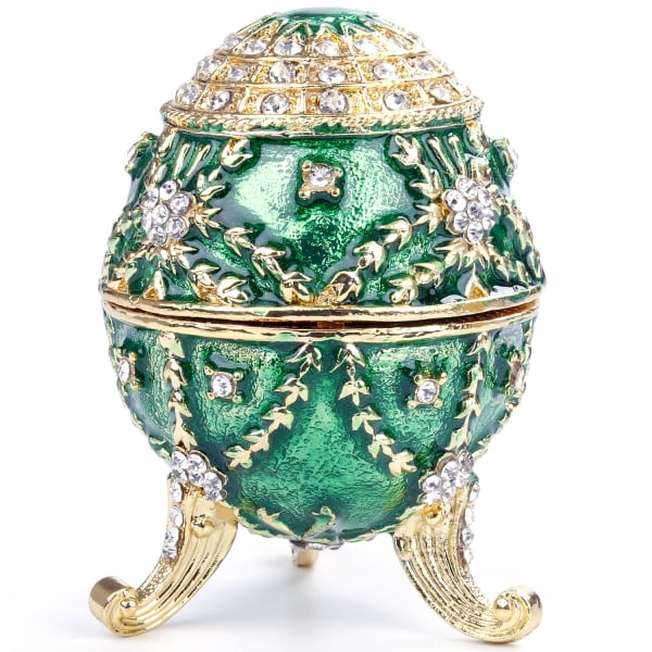 En (grön, ca 8,4*6 cm) Guldpläterad konstgjord diamantpåskägg Handmålad emaljerad Faberge Egg Smyckeskrin för halsband Armband Prydnadssak Hem