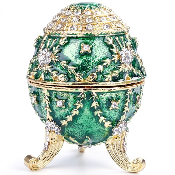 Ett (grön, ca 8,4*6cm) Guldpläterat Konstgjord Diamant Påskägg Handmålat Emaljerat Faberge Ägg Smyckeskrin för Halsband Armband Prydnad Hem