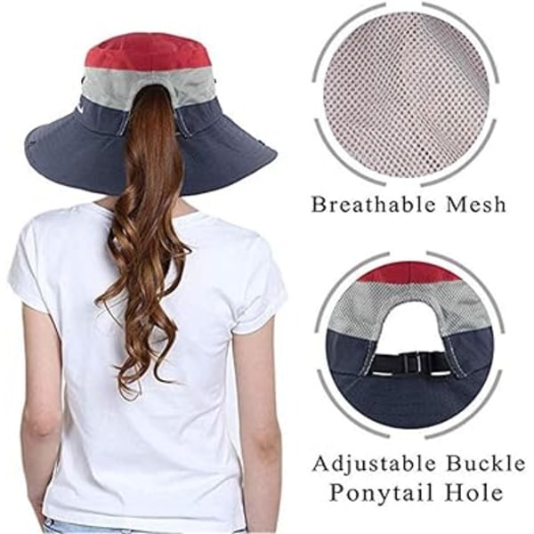 Sommerhat til kvinder med mesh, bred skygge og UV-beskyttelse samt hul til hestehale
