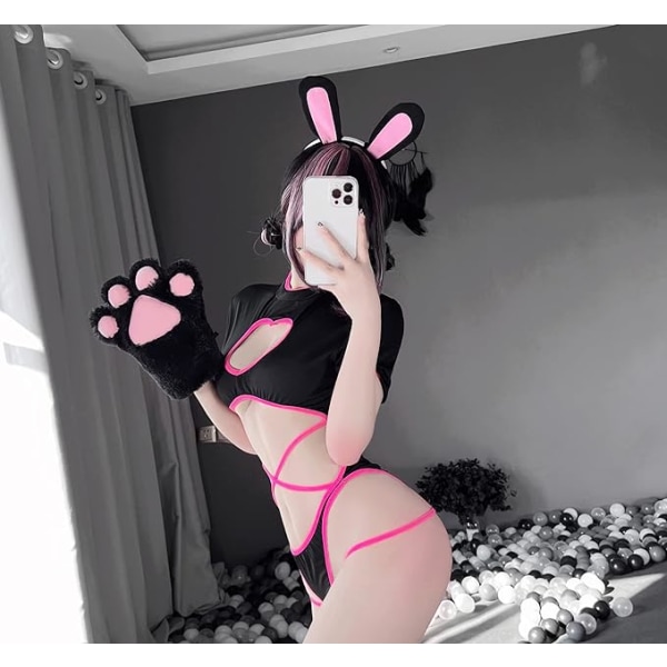 Svart Sexig Kanin Underkläder stygg kattdräkt Kawaii anime bikini piga rollspelsdräkt Hjärtformad utskärning i ett stycke ryggrem i ett stycke kostym