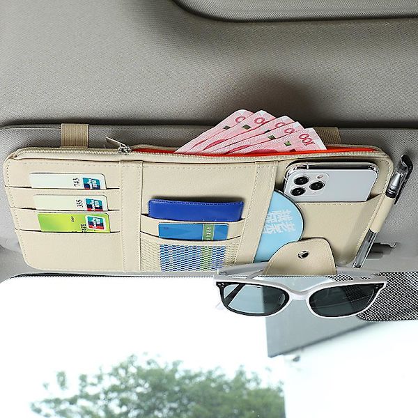 Bilsolskydd Visir Organizer Auto Bil Interiör Läder Tillbehör Förvaringsficka Solskydd Väska Väska Beige