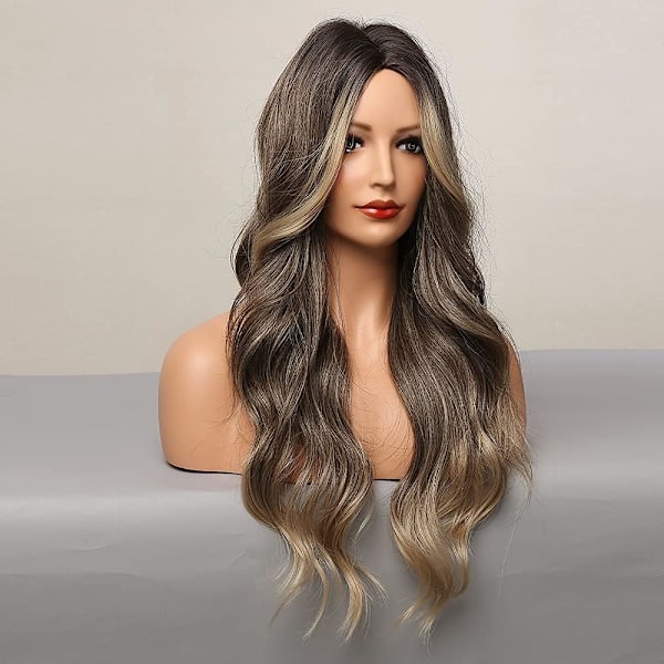 Lange brune parykker for kvinner, syntetisk hår med highlights, bølgete parykk for cosplay,
