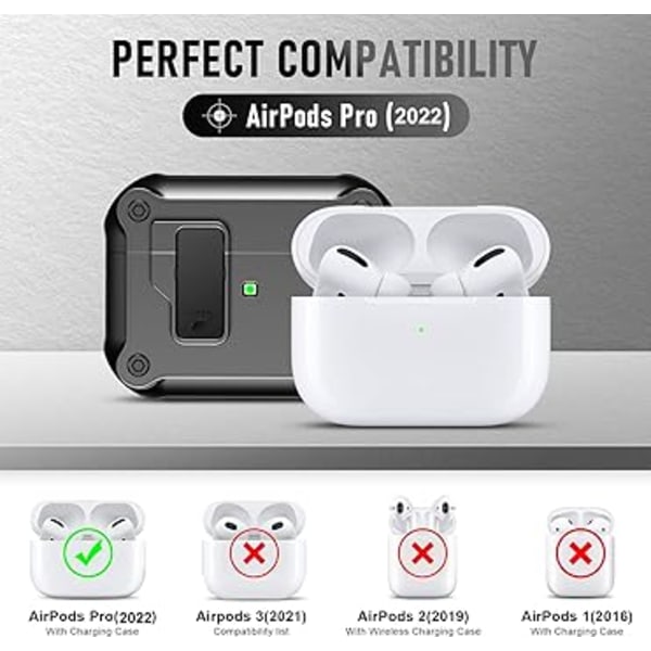 Svart för Apple Airpods Pro 2nd Generation Case Cover 2022 med säker låsklämma, hårt skal AirPods Pro 2 Case med nyckelring för män, kvinnor Stötsäker