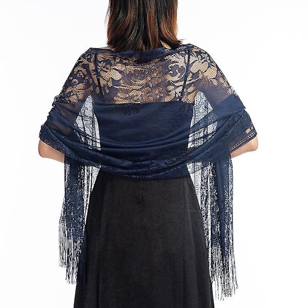 Kvinnors blommiga spetsnät Pashmina fest bröllop sjal halsduk med fransar Navy blue