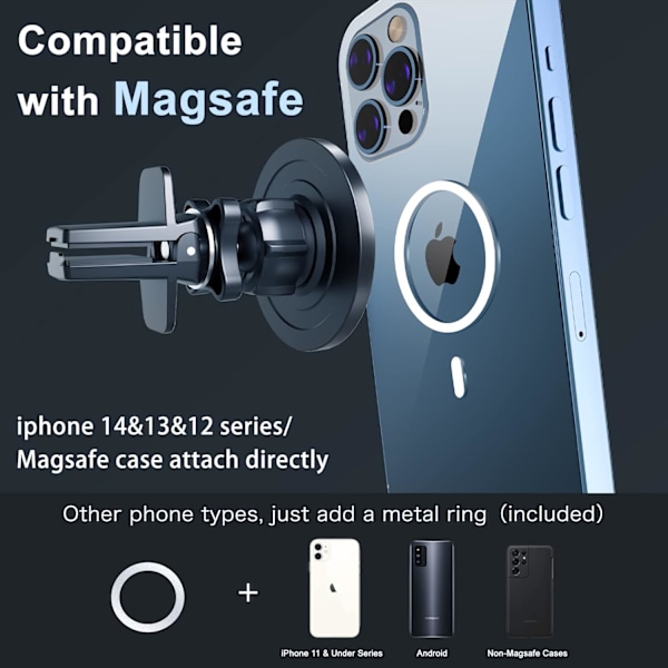 Svart Magsafe-bilfäste, magnetisk biltelefonhållare [20 starka magneter] med klämma 360° rotation universell telefonhållare för Magsafe iPhone 14 13 12 Pro