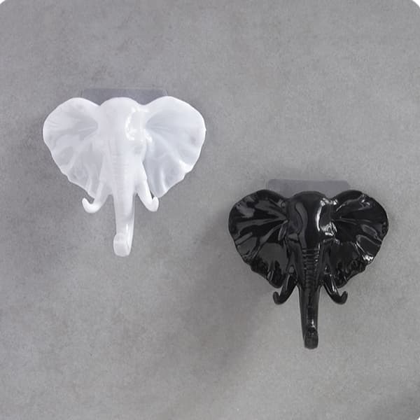 2 stk. Hvide dyreformede vægkroge, dyrenøglekrog, sort elefant, resinmateriale