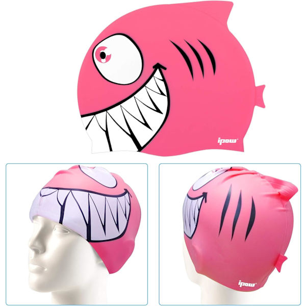 2 STK Vandtæt Silikone Badehætte til Børn Haj Lys Pink Polka Dot Fisk + Pink Stor Mund Hvidtandet Haj