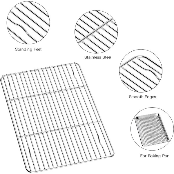 Bakplåt med galler i rostfritt stål, kylplåt, rektangulär stekpanna med kökstång för grillning, 40x30x2,5CM