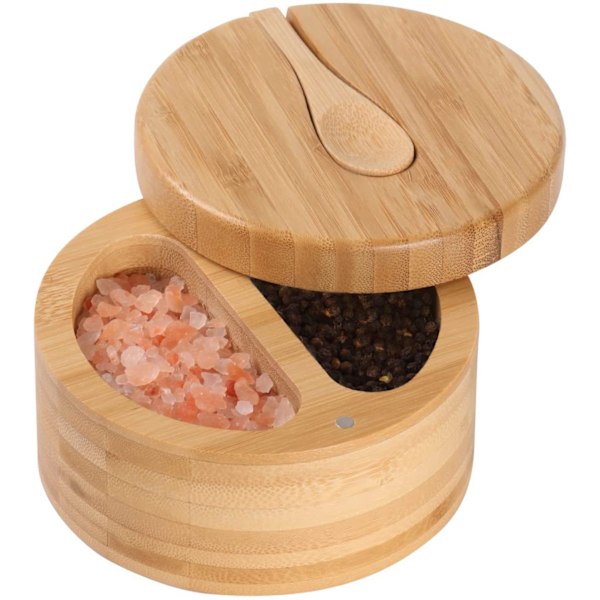 Kryddbox i bambu med skedar, 2 fack i bambu med magnetiskt svängbart lock, för salt, peppar, socker, kryddor
