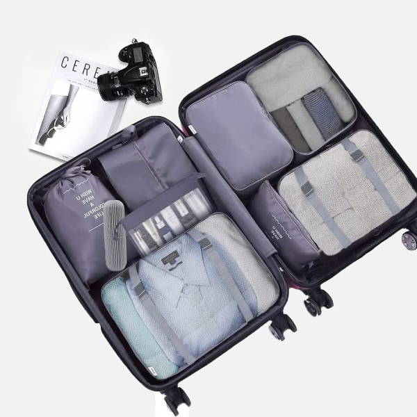 Packningskuber för resväska, 9 st resbagage packarrangörer Vattentät reseväska Grey