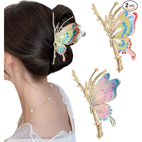 Butterfly Medium Hårklämma Tvåpack (Rosa och Lila), Metall Hårklämma med Fjäril Dam Inner Tanddesign Hajklämma Tunt Medium Lockigt Hår