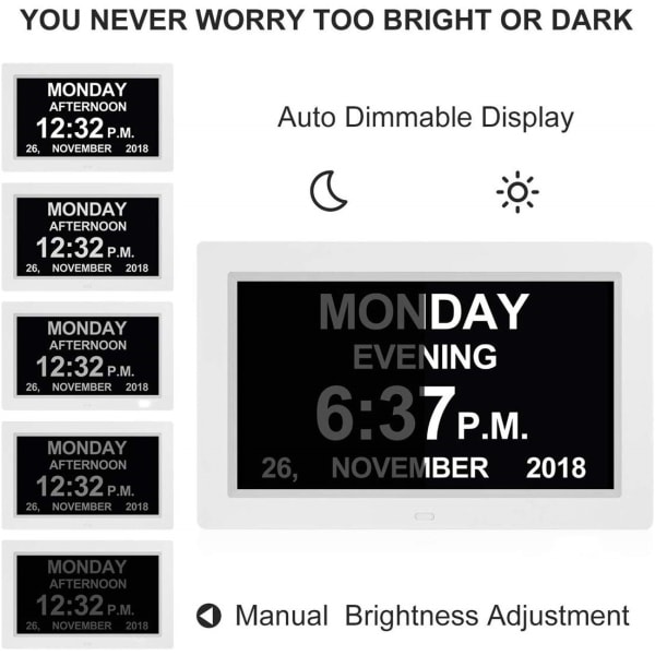 Digital Kalender Dag Klokke Fotoramme (9-tommers svart) - Automatisk Dimming Display, Stor Synshemmet Digital Klokke, med Ikke-Forkortet Dag og M