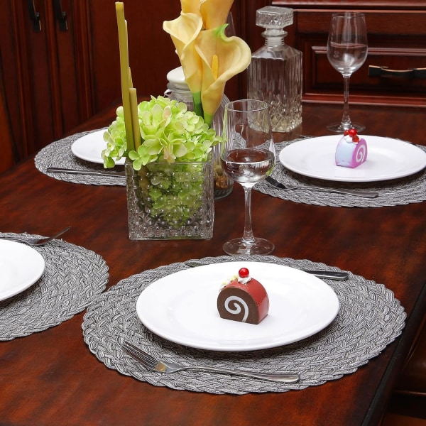 Runda bordstabletter Värmebeständiga fläckbeständiga halkskyddande tvättbara bordsunderlägg i polypropen (set med 6 st, flätad-grå)