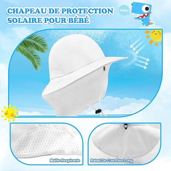 Hvit baby solhatt (passer hodeomkrets 46 - 50cm) jente gutt nakkehatt beskyttelse barn pustende bøttehatt Baby jente Strandhatt småbarn -