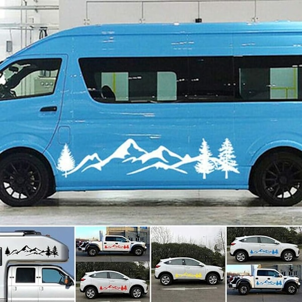 2 KPL Valkoinen Auto Vuoristo Metsä Automaattinen Tarratarra (198 * 40 cm, yksi pari) Auton Sivuluukun Tarra Autotarra Vuoristo Tarra Puu Metsä Vinyyli Kuvio