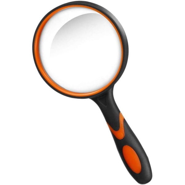 Förstoringsglas 10X (orange), handhållet läsförstoringsglas med halkfritt mjukt gummigrepp, 75 mm lupp, splittersäkert förstoringsglas för att läsa böcker, undersöka, in
