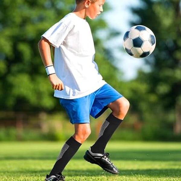 Fotbollsstrumpor för barn, 2 par knähöga strumpor för ungdomar Pojkar Flickor för skostorlek 3-6,5 / åldrarna 6-12 Svart-005