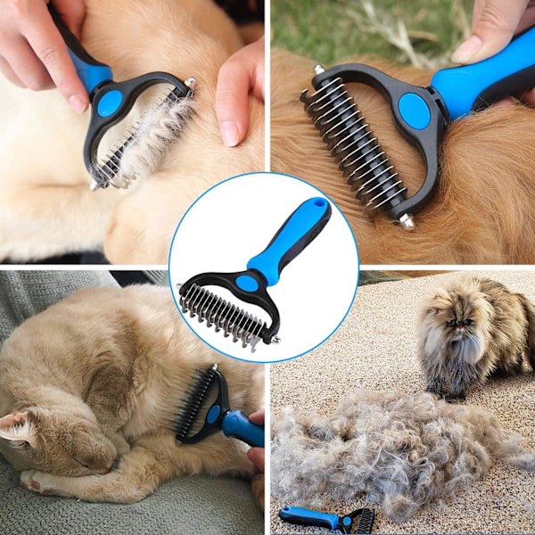 Blå hundborste kattborste, professionell hundvårdskam och borste för långt hår, grooming rake för hundar och katter ta bort underull från husdjur