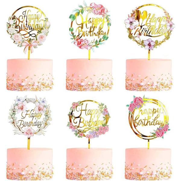 6-pakning Happy Birthday Kake Pynt Blomster, Flerfarget Akryl Papir Cupcake Pynt Egnet for Ulike Bursdagsfester Jente Kake Dekor Barn
