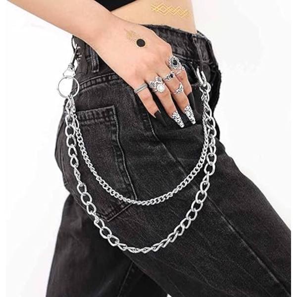 (Sølv) Hip Hop Bukser Jeans Kæde Goth Punk Sølv Bukser Kæder Biker Tung Tyk Pung Lomme Kæder Sølv Nøgleringe Kropssmykker til Mænd og Kvinder