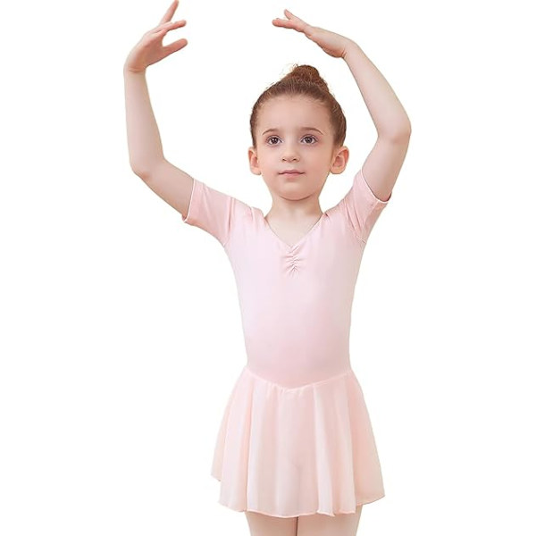 Balletkjole til piger, balletdragt til børn, V-hals, kort/langærmet gymnastikdragt, dansebeklædning med chiffonskørt