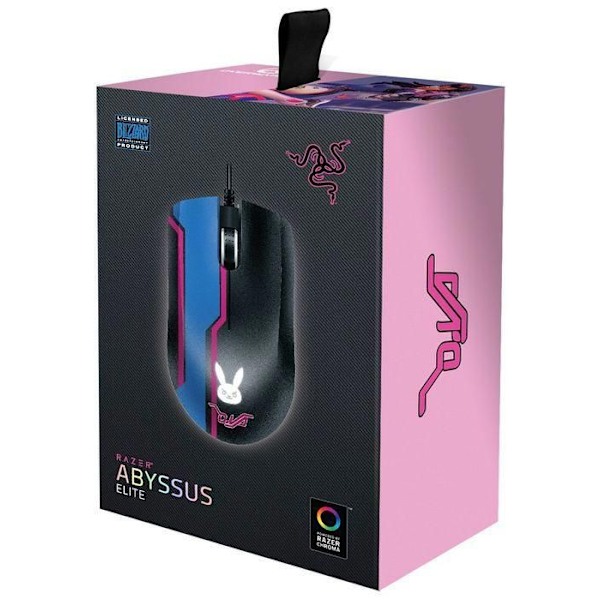 Peli hiiri - Razer - Abyssus Elite (D.Va) - 7200 dpi - Ambidextra - RGB 16.8M väriä musta, Sininen, Vaaleanpunainen