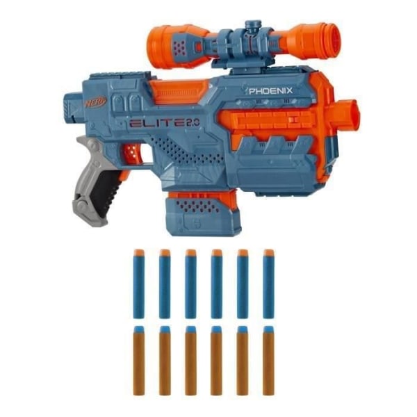 NERF - Elite 2.0 - Phoenix CS-6 moottoroitu blaster - 12 NERF-tikkaheittoa - tähtäin - taktiset kiskot Flerfärgad