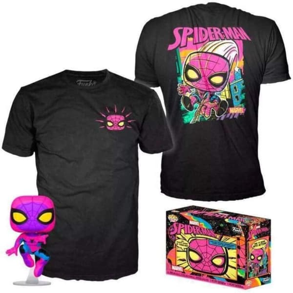 Funko pop! & T.Shirt (voksen) Størrelse M: Marvel - Spider-Man (Sort lys) Svart