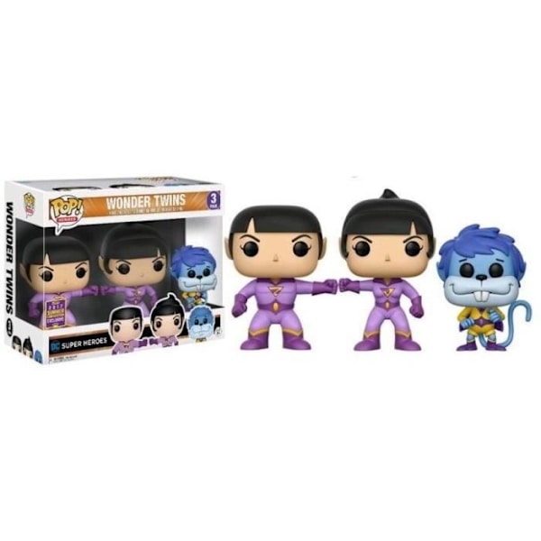 3 Funko Pop! Wonder Twins: Zan Jayna ja Gleek Lila, blå och svart