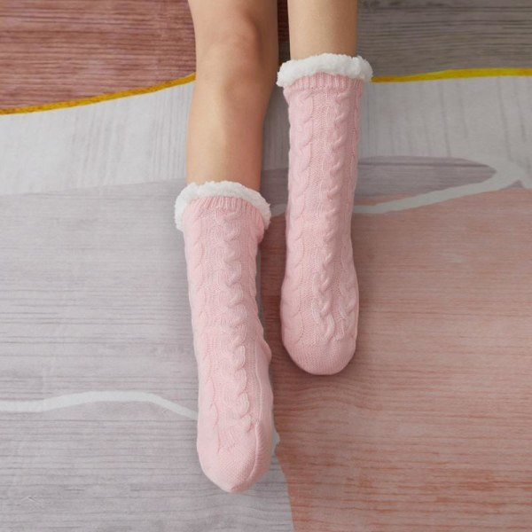 Varma stickade strumpor halkfria strumpor tjocka vinterstrumpor tofflor pink