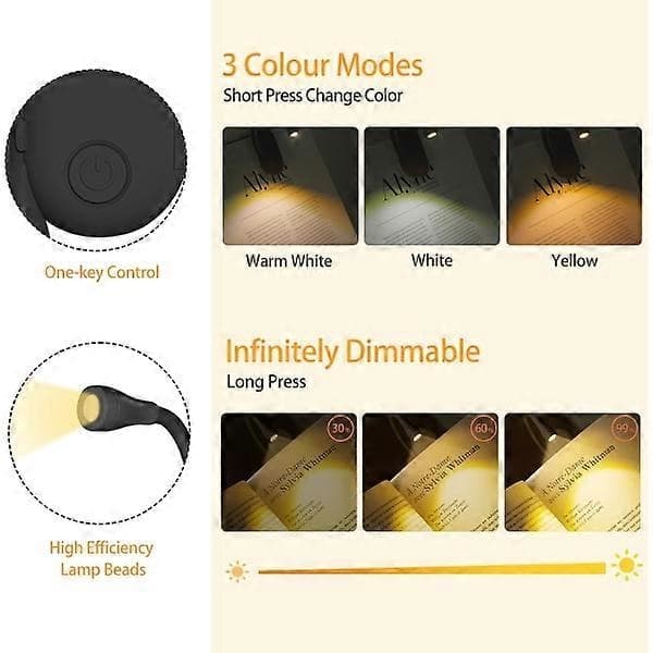 Boklampe, oppladbar clip-on leselampe, justerbar lysstyrke